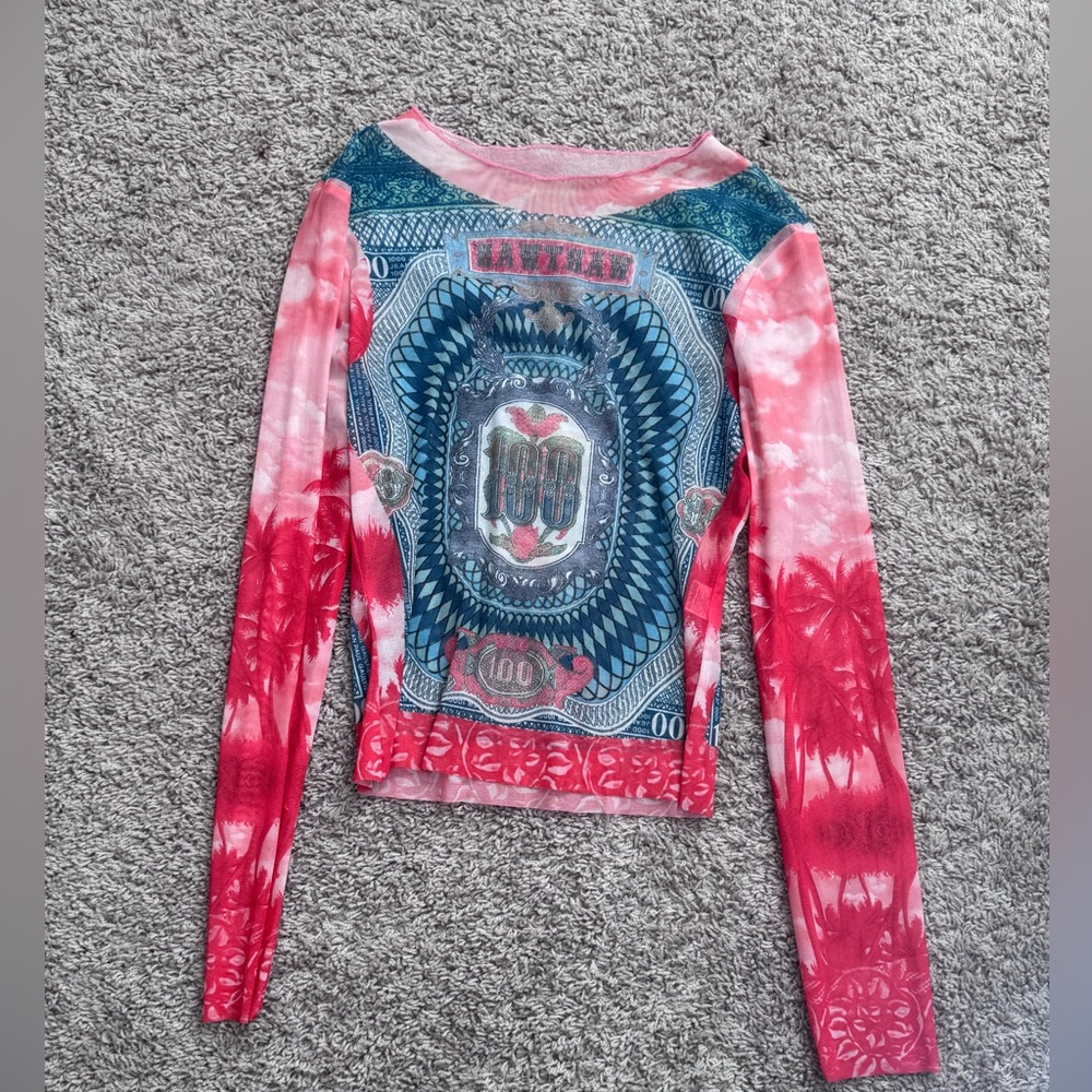 Graphic Long Sleeve Mesh Top